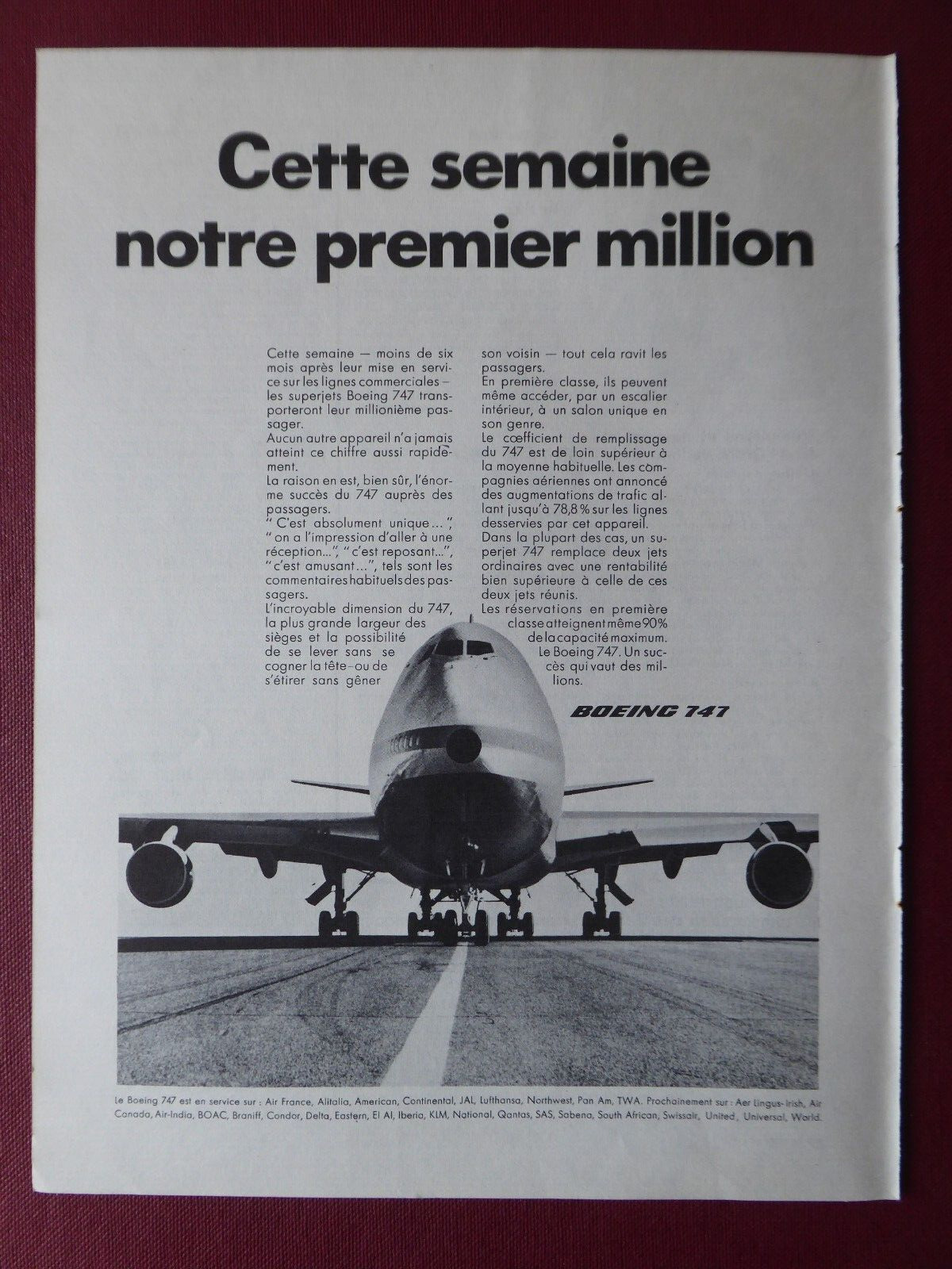 7/1970 PUB BOING 747 AIRLINE AIRLINES 1 MILLION PASSENGER ORIGINAL FRENCH AD