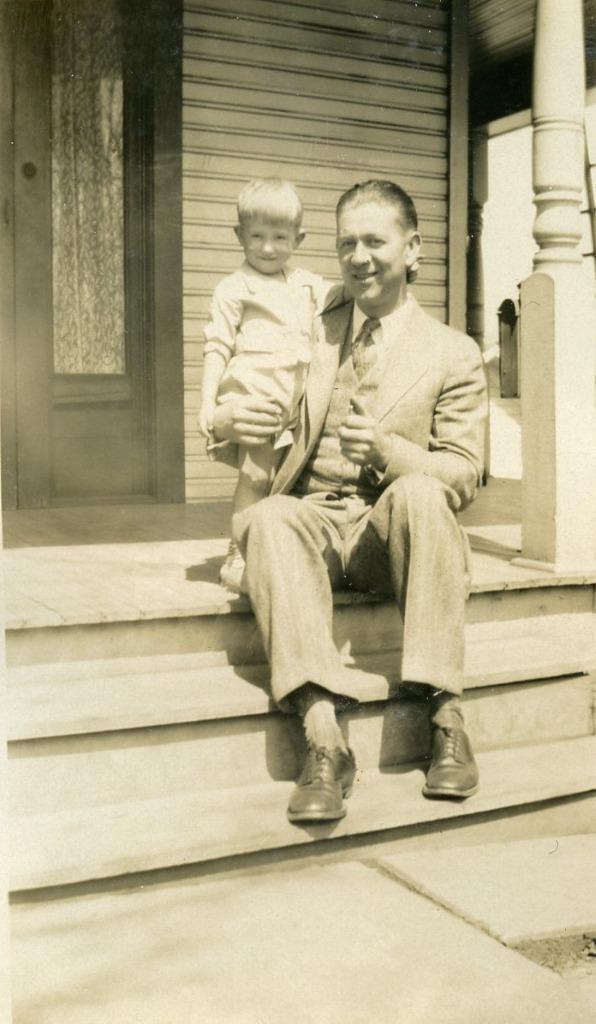 X120 Vtg Photo FATHER & SON, VICTORIAN PORCH STEPS c 1930\'s