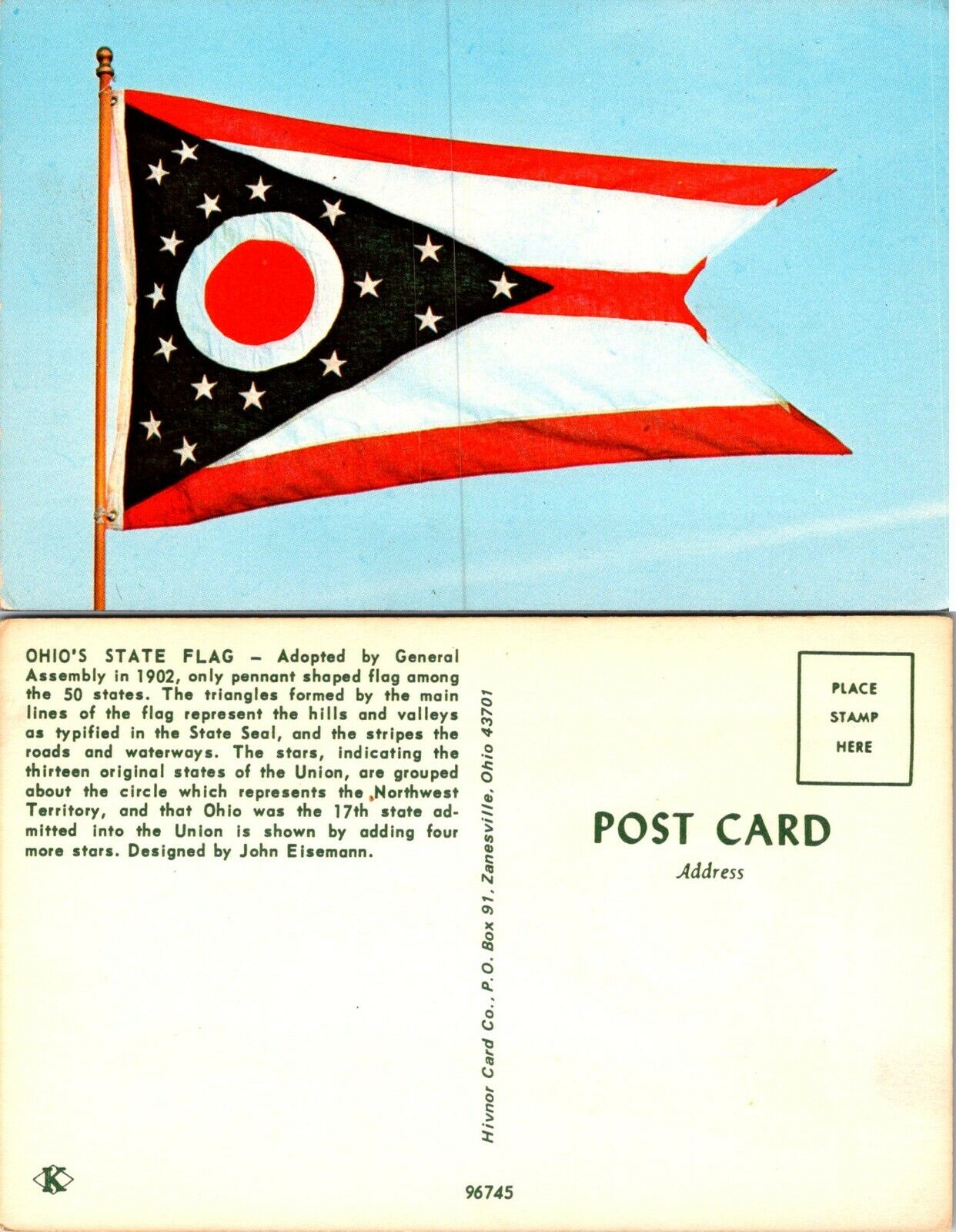 Ohio(OH) State Flag Flying with Blue Skies in the Background Vintage Postcard
