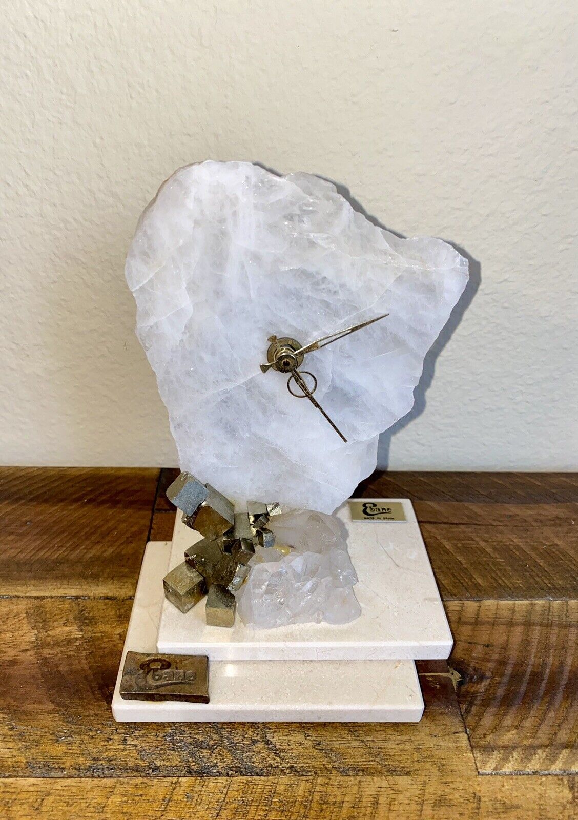Very Unique Clock With Clear Crystal Quarts and Pyrite. ￼7” Tall Made In Spain.
