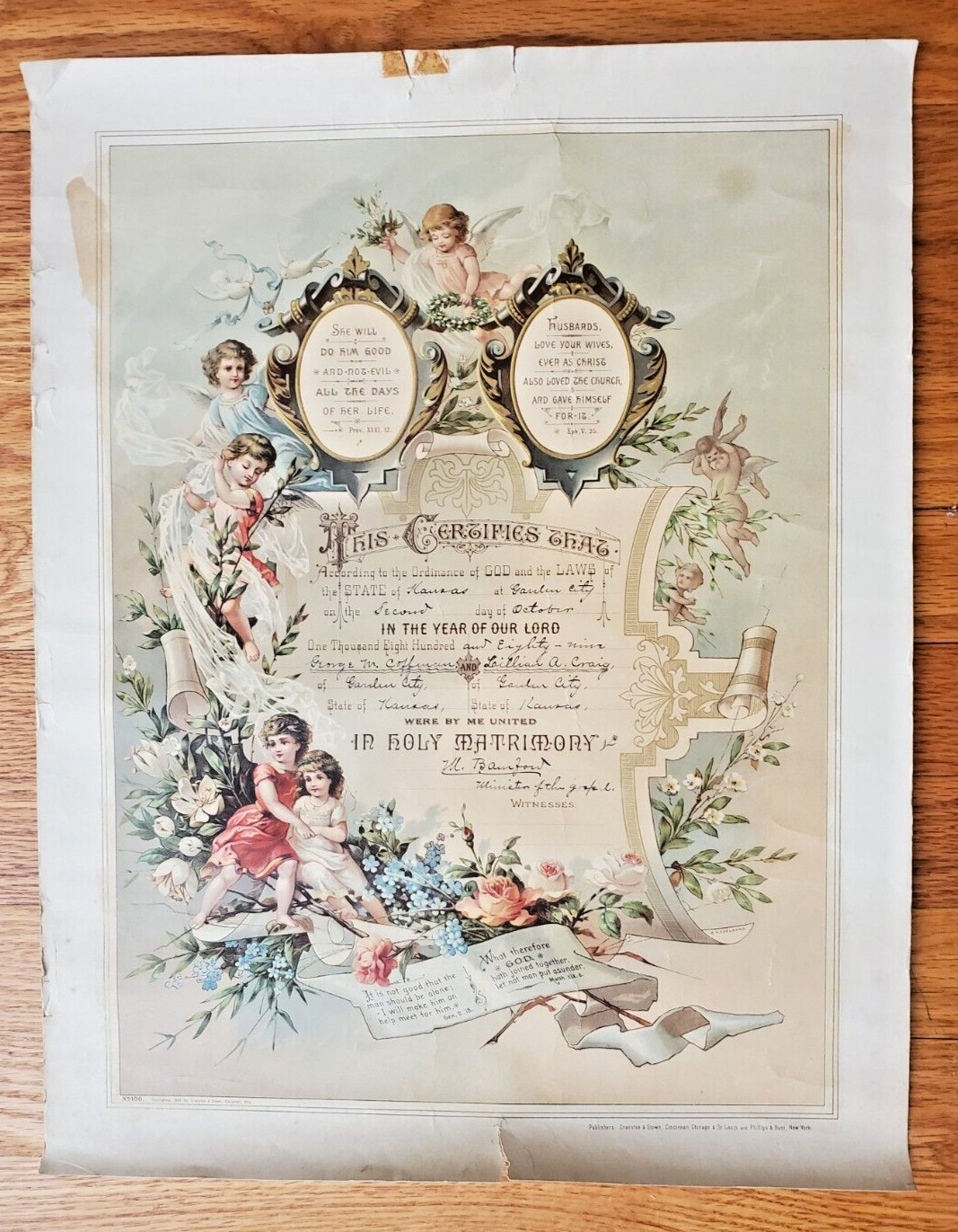 Antique 1889 Marriage Certificate Garden City Kansas