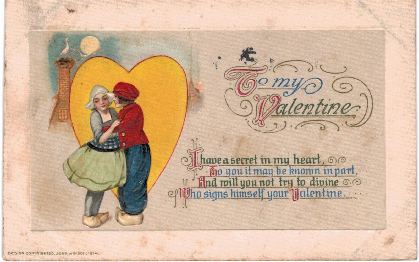Winsch Valentine A/Uns Schmucker Embossed Dutch Yellow Heart 1910