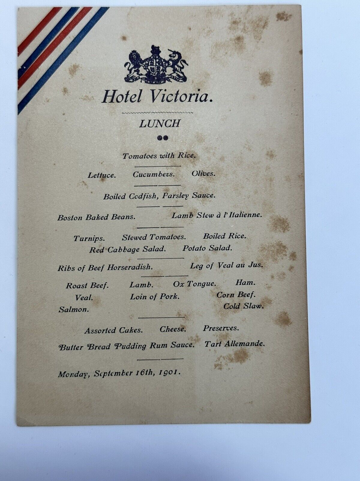 VICTORIAN RESTAURANT MENU SEPT 16, 1901 HOTEL VICTORIA  CODFISH LAMB STEW A93