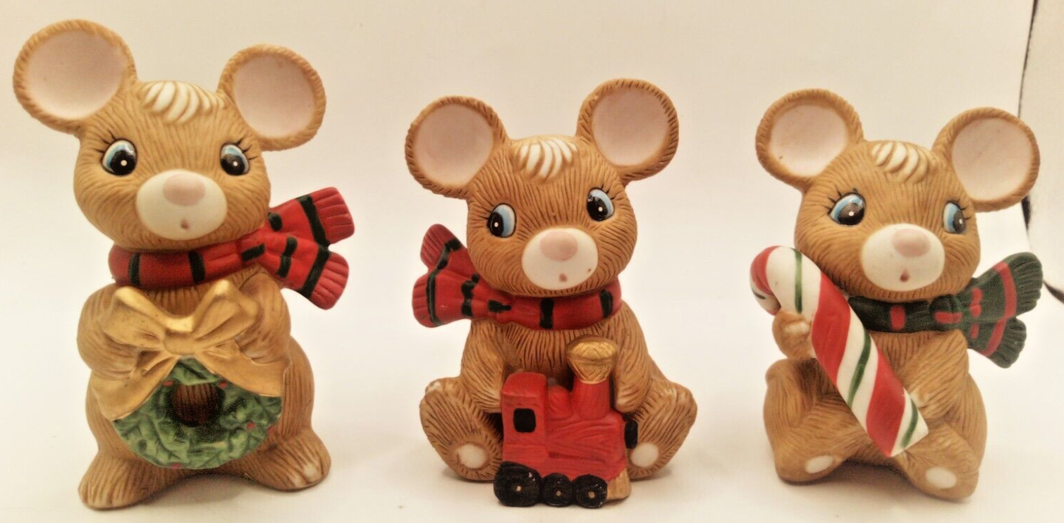 Vintage Homco Set of 3 Christmas Mice Figurines 5210, Wreath Train Candy Cane