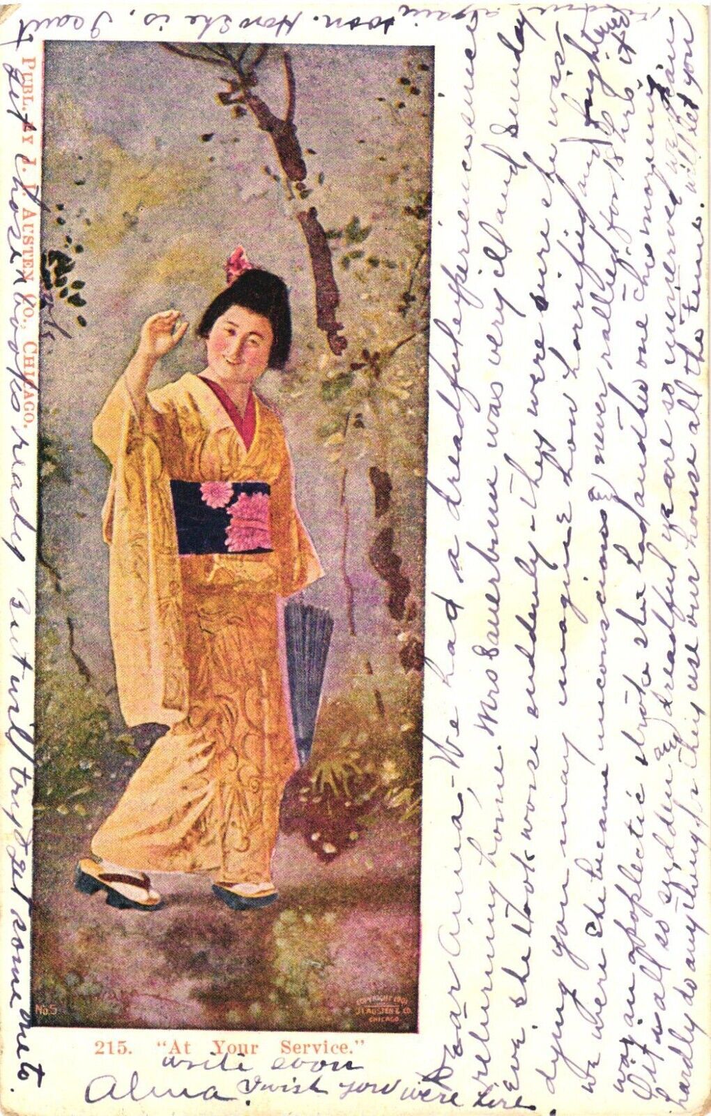 Woman In Yellow Kimono Waving, At Your Service Postcard