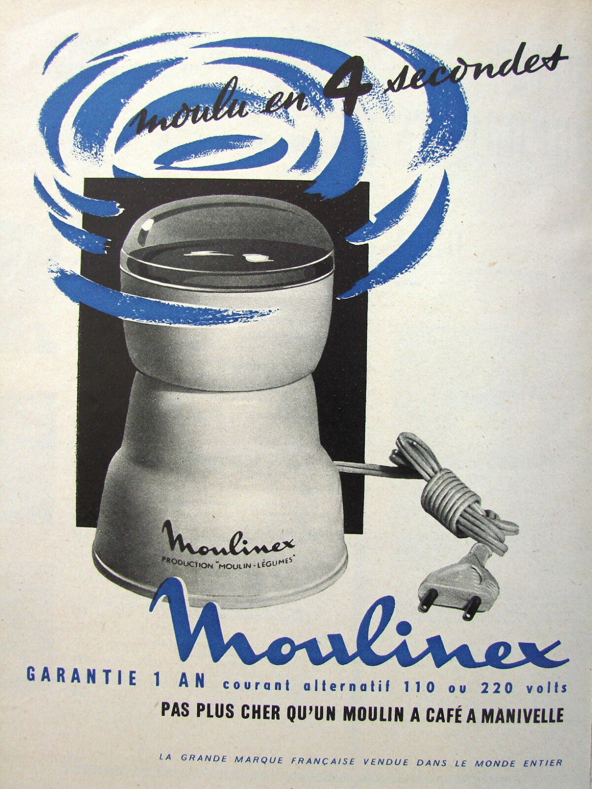 1958 ADVERTISEMENT MOULINEX COFFEE MILL NO MORE EXPENSIVE THAN A CRANK MILL