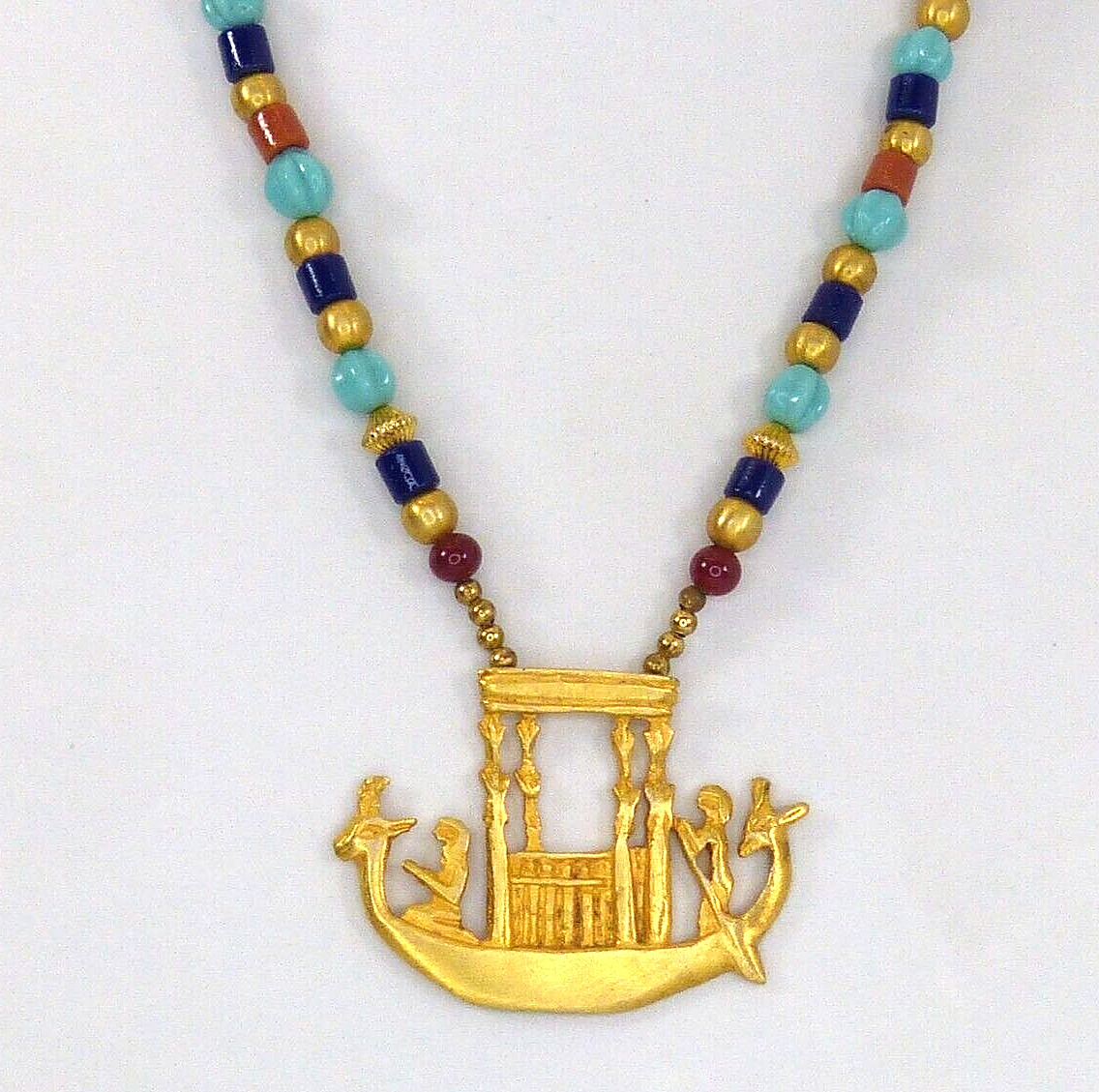 Gorgeous Signed Kenneth Lane KJL Egyptian Goldtone Bead Boat Necklace