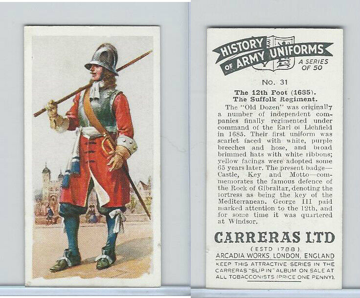 C18-55 Carreras, History Army Uniforms, 1937, #31 The 12th Foot (1685)