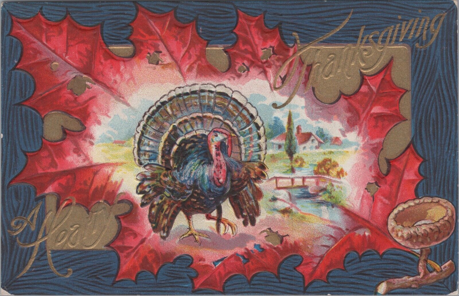 Hearty Thanksgiving Postcard Huge Red Oak Leaf Turkey Acorn UNP c1910s PC 6496d1