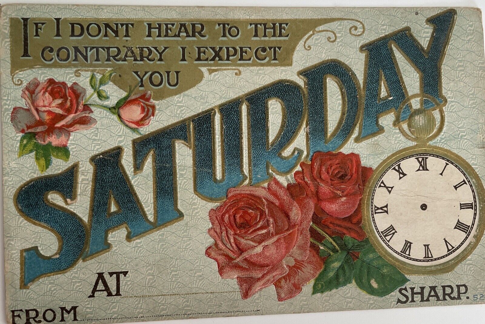 Vintage Party Reminder Postcard #526 Unposted Embossed Flowers Clock