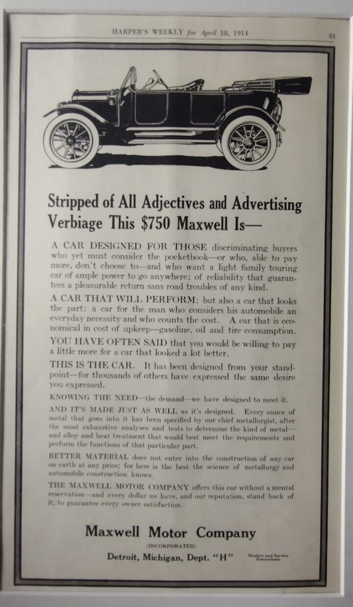 1914 Sealed Advertising of Maxwell Motor Company in the Harper\'s Weekly