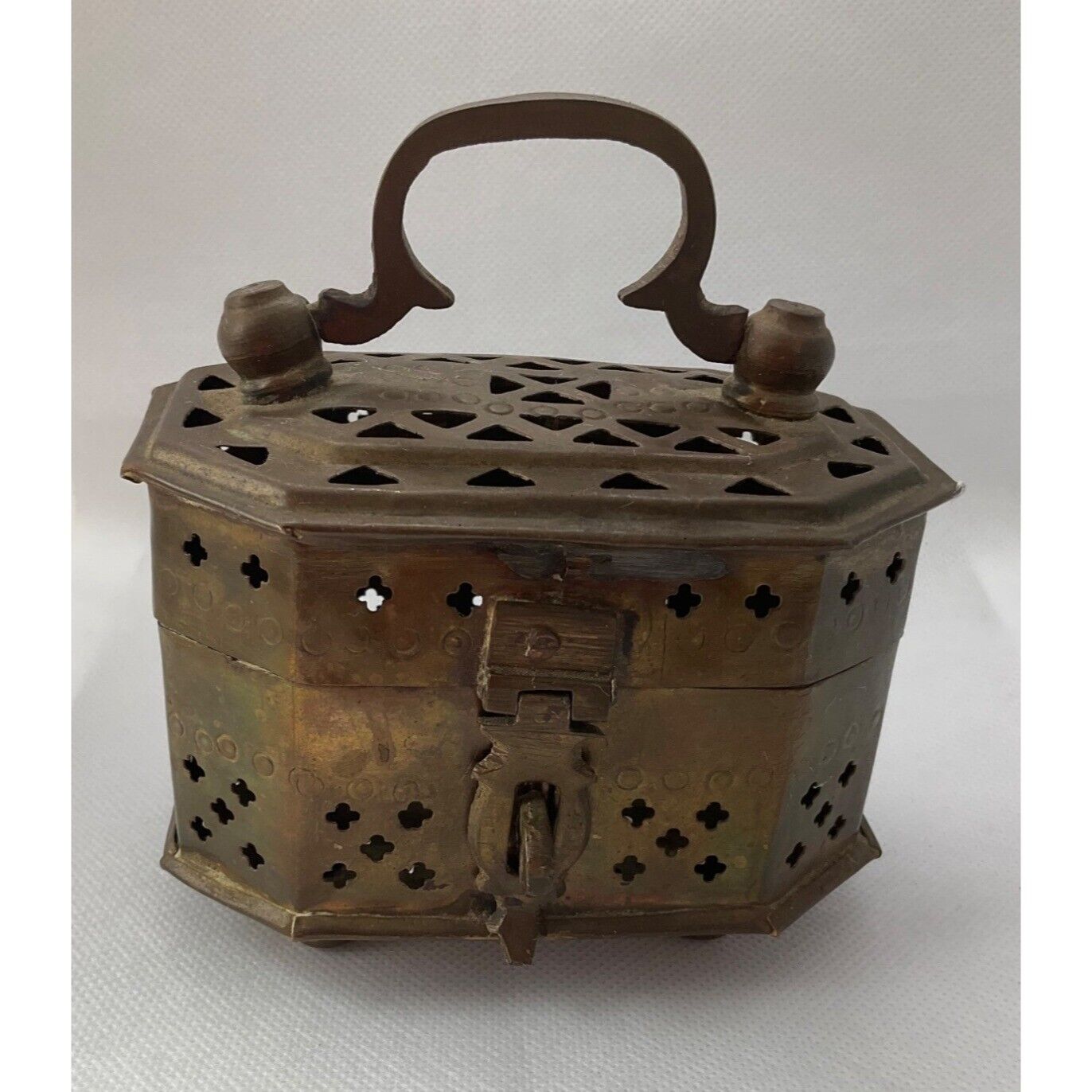Vintage Cricket jewelry trinket Box Brass Ornate Footed Lockable w/Handle