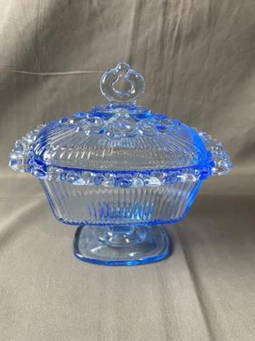 VTG Indiana Glass Old Colony Open Lace Blue Pedestal w/ Lid Candy Dish ssc