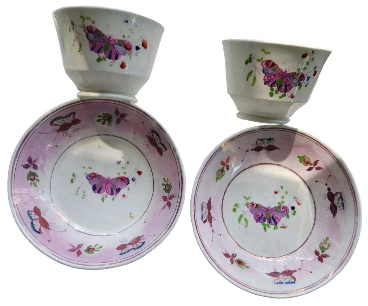 Antique Pink Lusterware Rare Butterfly Floral Handle-Less Tea Cup&Saucer Set Lot