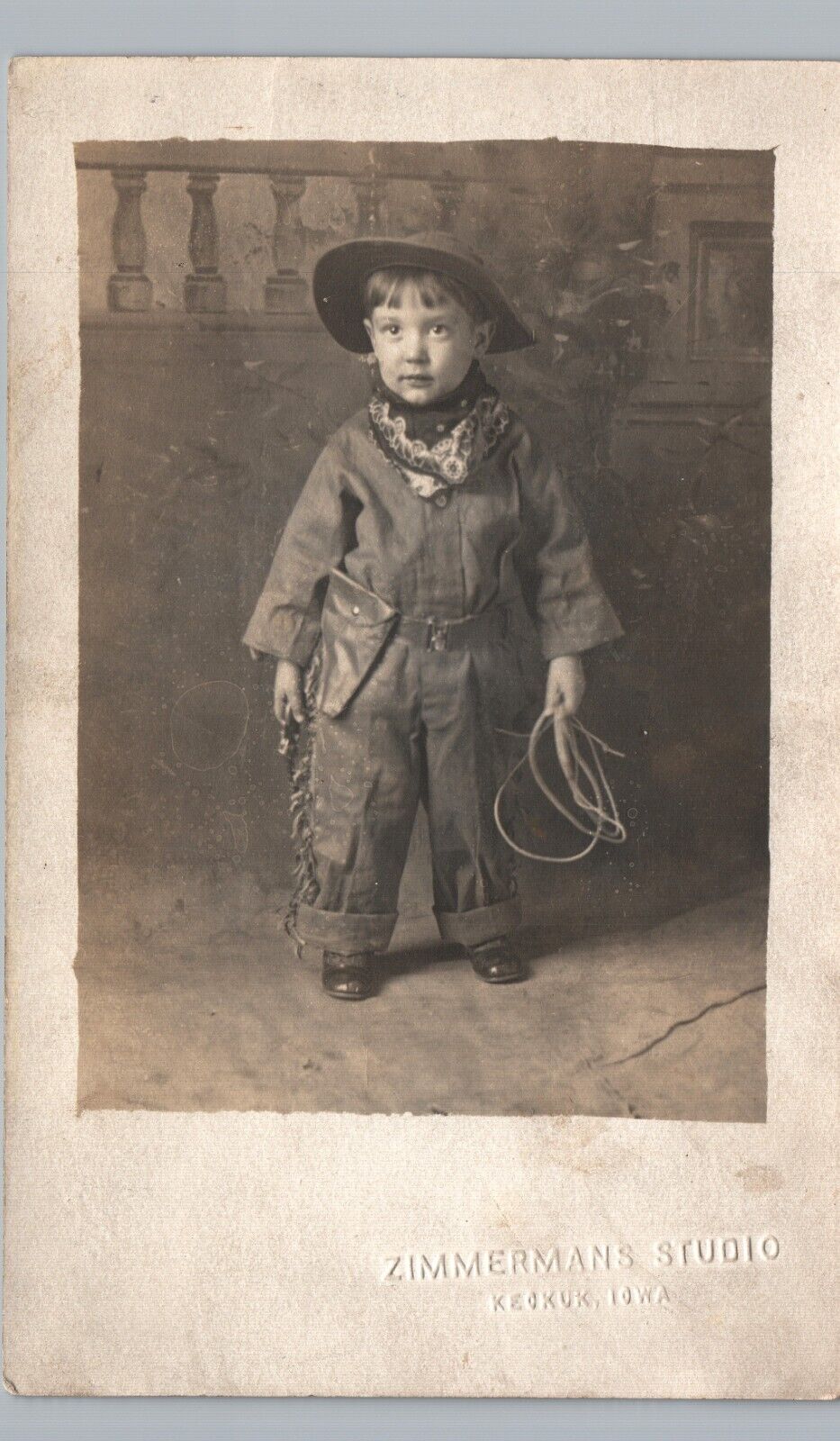 LITTLE BOY COWBOY COSTUME keokuk ia real photo postcard rppc iowa scout portrait