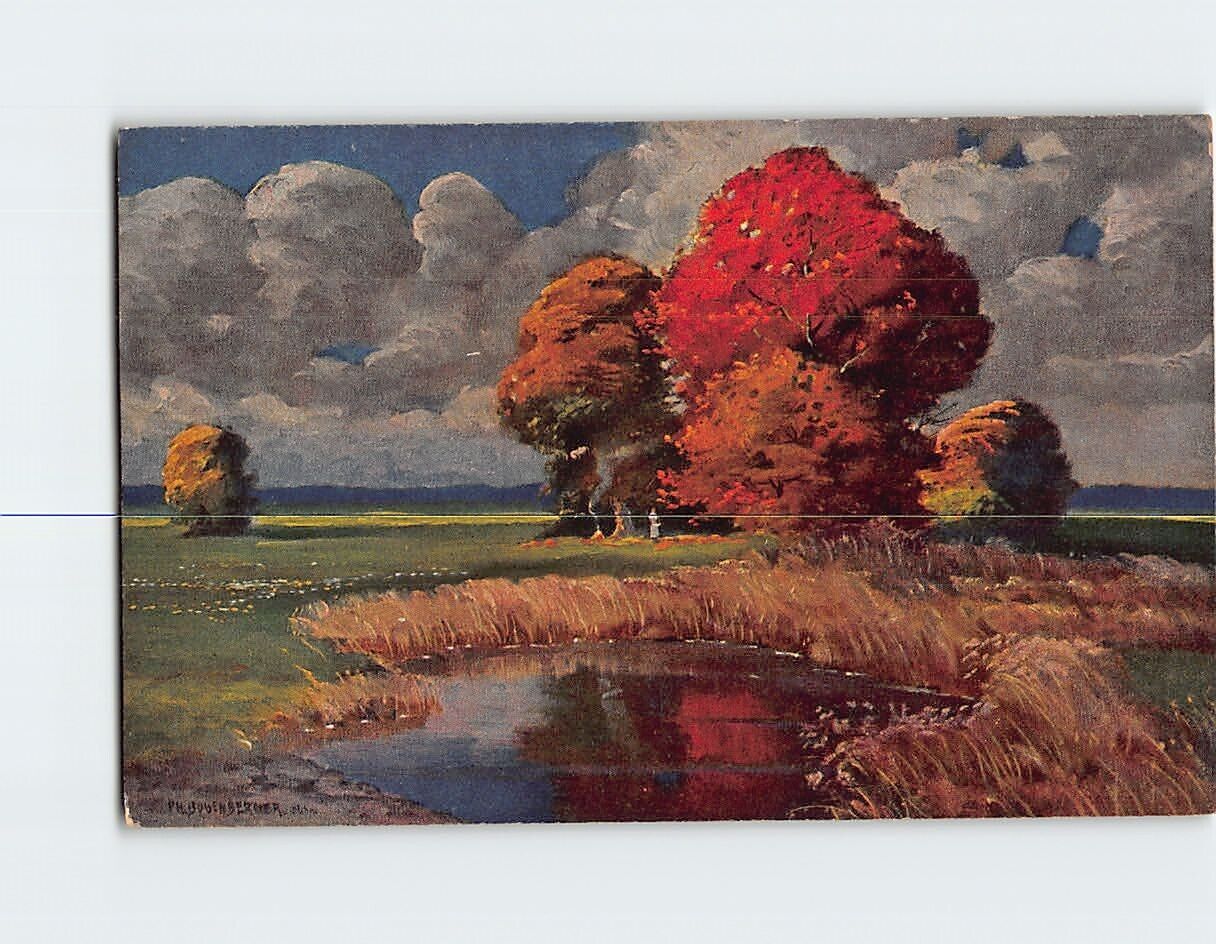 Postcard Pond Grass Trees Clouds Landscape Painting