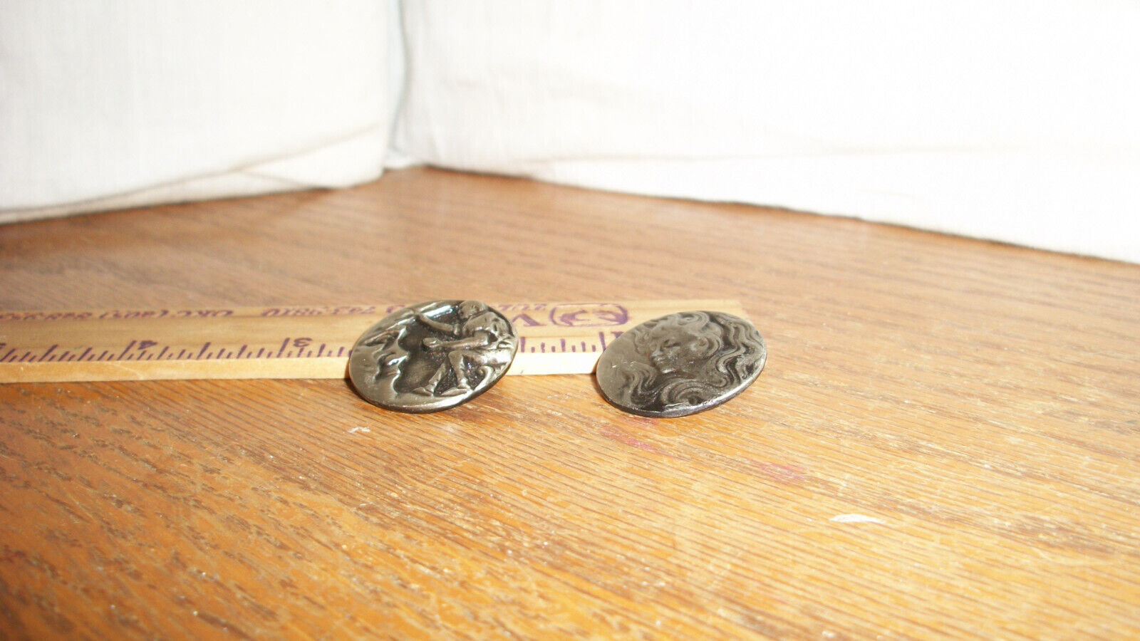 2 Vintage Metal  Pewter Battersea Buttons Beautiful Lady & Artist Painting