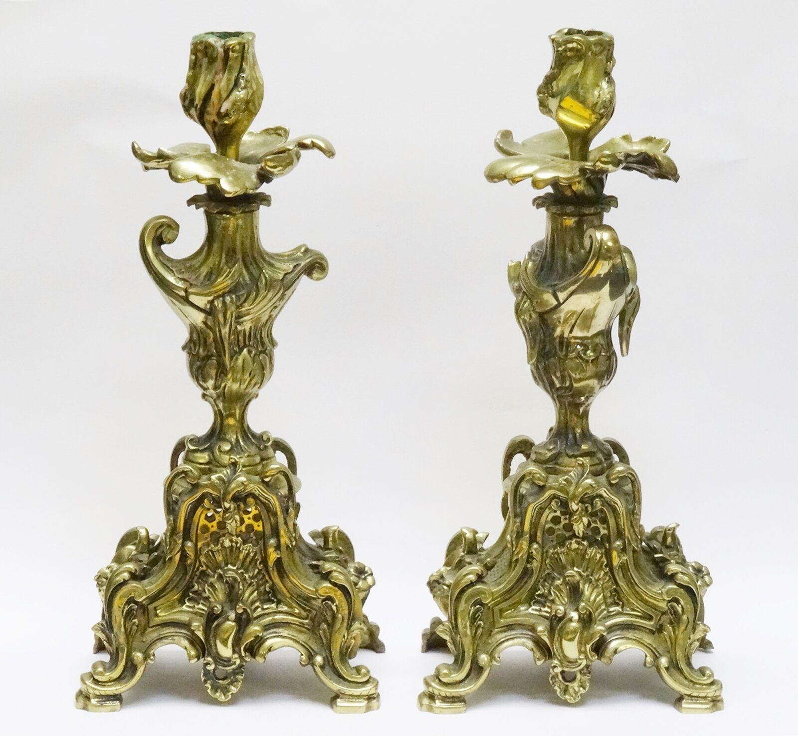 PAIR of MAGNIFICENT MASSIVE 19C FRENCH BELLE EPOQUE DORE BRONZE CANDLE HOLDER