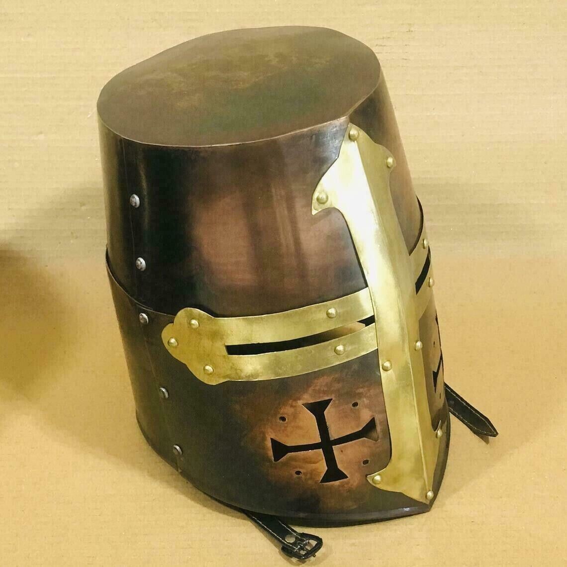 Antique Design Medieval Knight Armor Brass Cross Crusader Viking Templar Helmet