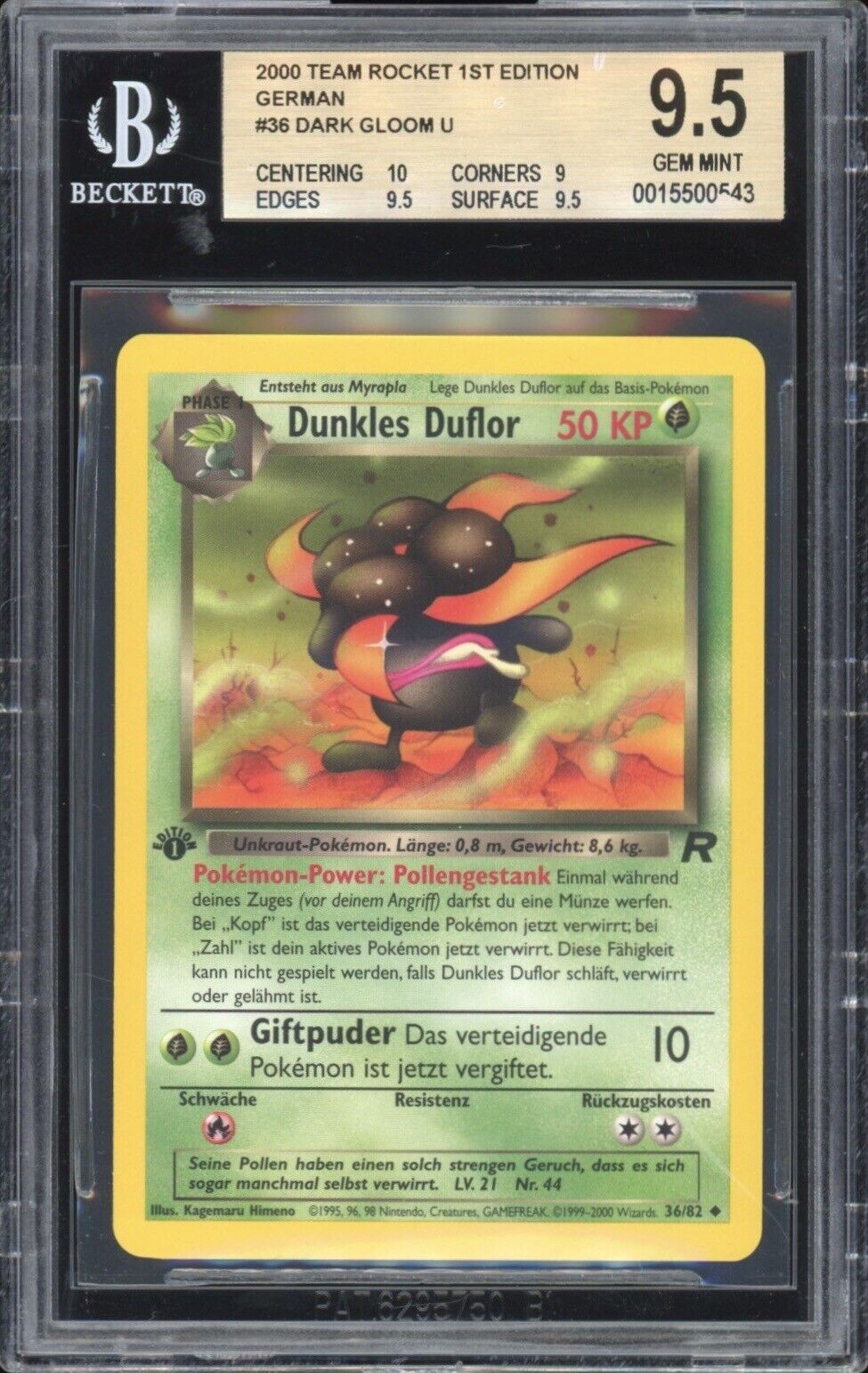 2000 Pokemon GERMAN 1st Edition Rocket Dark Duflor-Dark Gloom 36/82 BGS 9.5