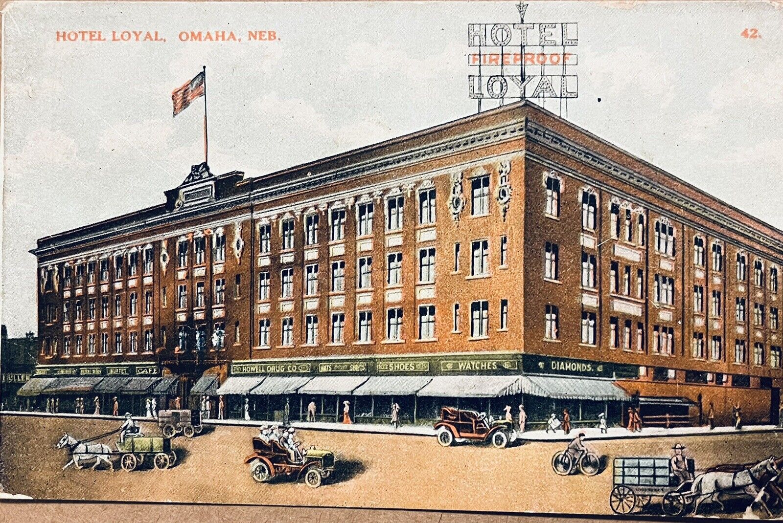 Omaha Nebraska Hotel Loyal Old Cars Horse Wagon Antique Postcard c1910
