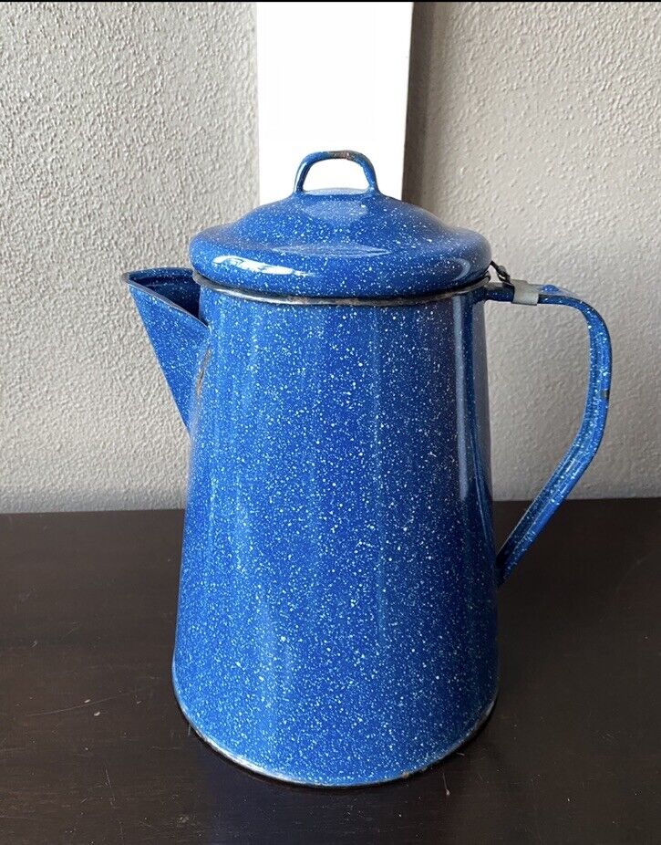 Vtg 10” Tall Enamel Coffee Pot Blue Speckled Camping Hiking Blue Graniteware