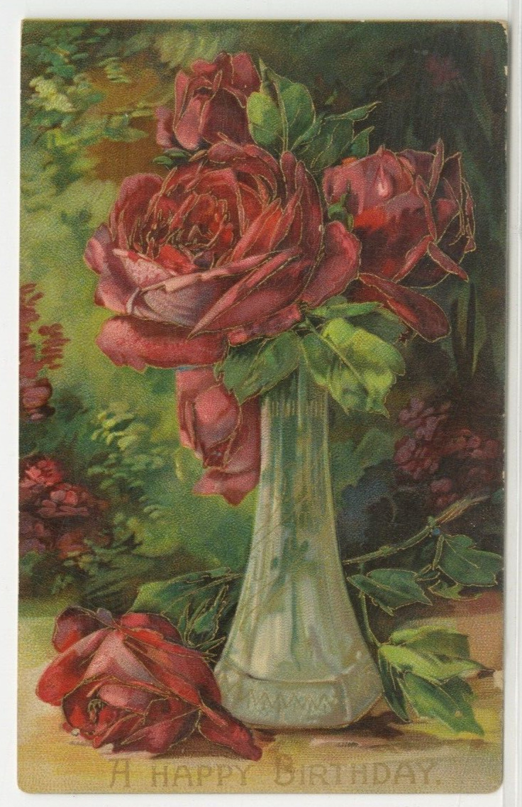 Birthday Wishes Postcard Large Red Roses In Vase c1910 vintage G10