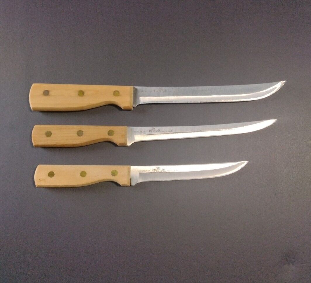 3 Vintage OLD HOMESTEAD Fillet,Utility and Slicer Knives Lifetime Cutlery Japan