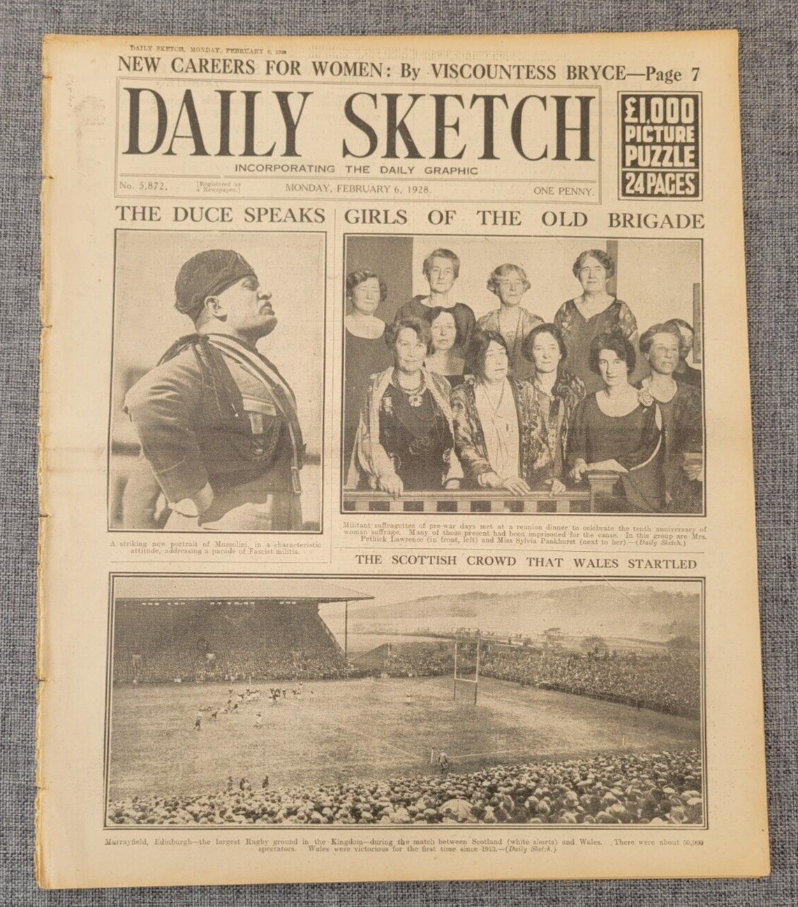 DAILY SKETCH 6 FEBRUARY 1928 EL DUCE MUSSOLINI ITALIAN PRESDIENT NEWSPAPER