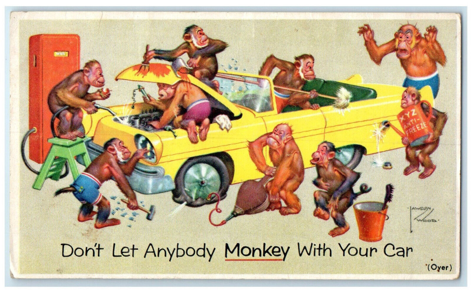 c1920's Monkey Fixing Cleaning Car Funny Preston Advertising Forrest IL Postcard