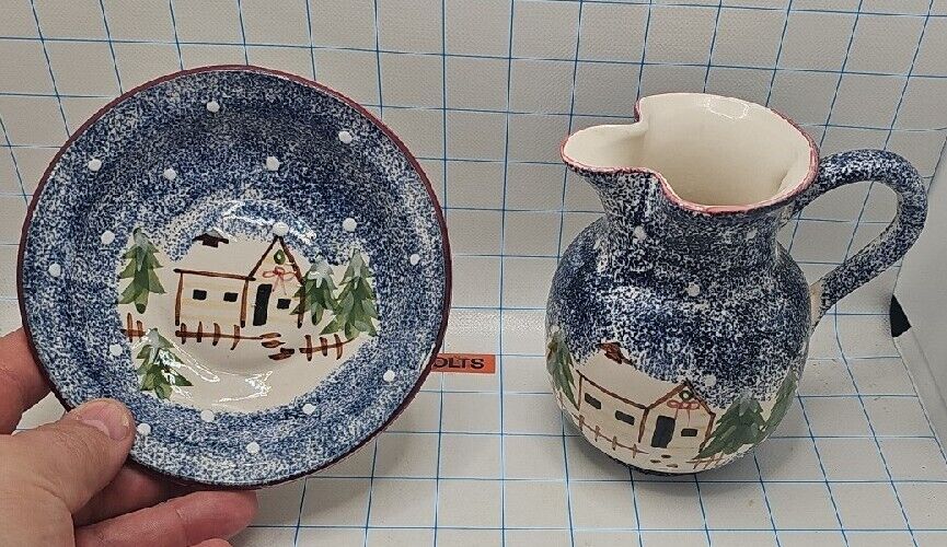 VTG Blue Sponge Pitcher And Bowl with Winter Cabin Scene Trees CHINA  Xmas 