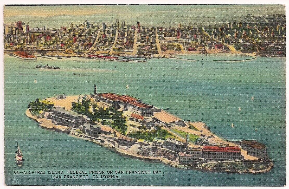 Postcard CA Alcatraz Island Federal Prison Aerial San Francisco California 1939