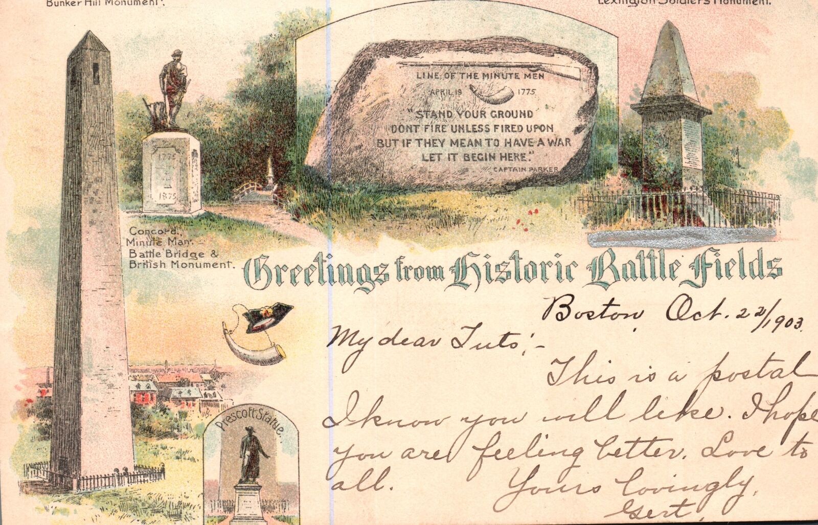 Vintage Postcard 1903 Greetings from Historic Battlefield Boston Massachusetts