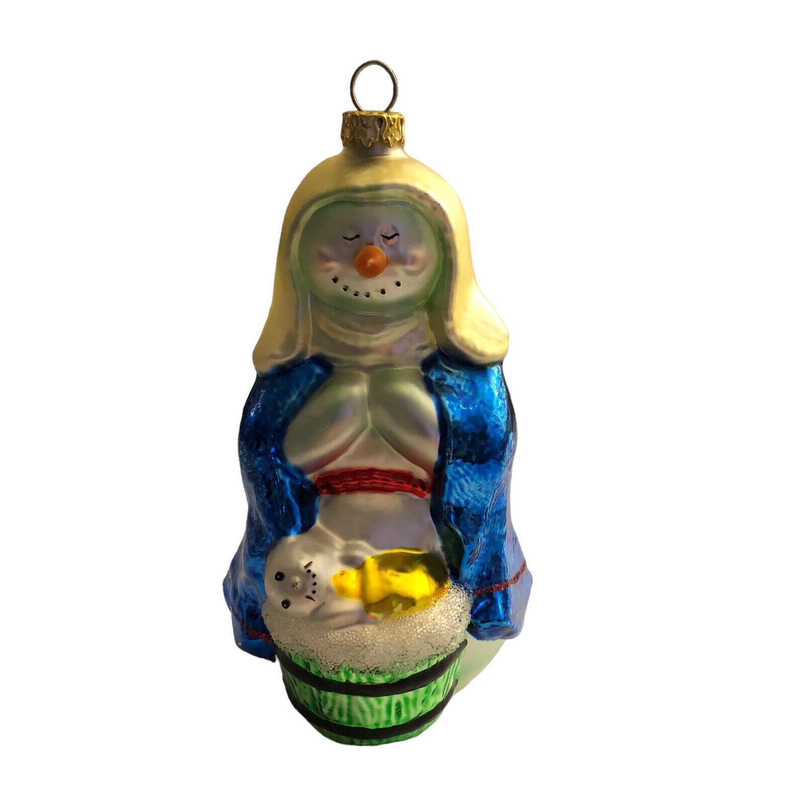 Mary & Baby Jesus as Snowman Carrot Nose Christmas Tree Ornament Glass RARE