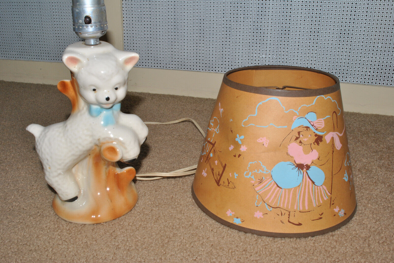 Vintage Little Bo Peep Ceramic Lamb Nursery Light Lamp & Shade 1960s Working