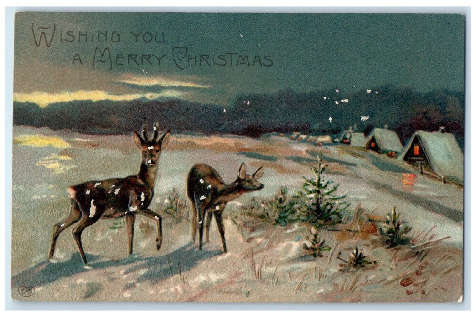 1909 Merry Christmas House Winter Deer Embossed Centerville Station Postcard