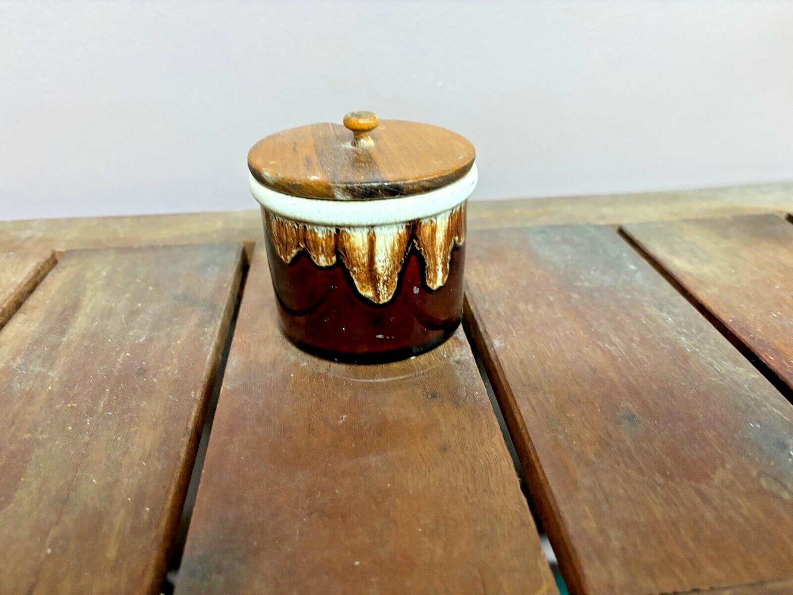 Vintage - Retro Brown Drip Condiment Jar with Wood Lid