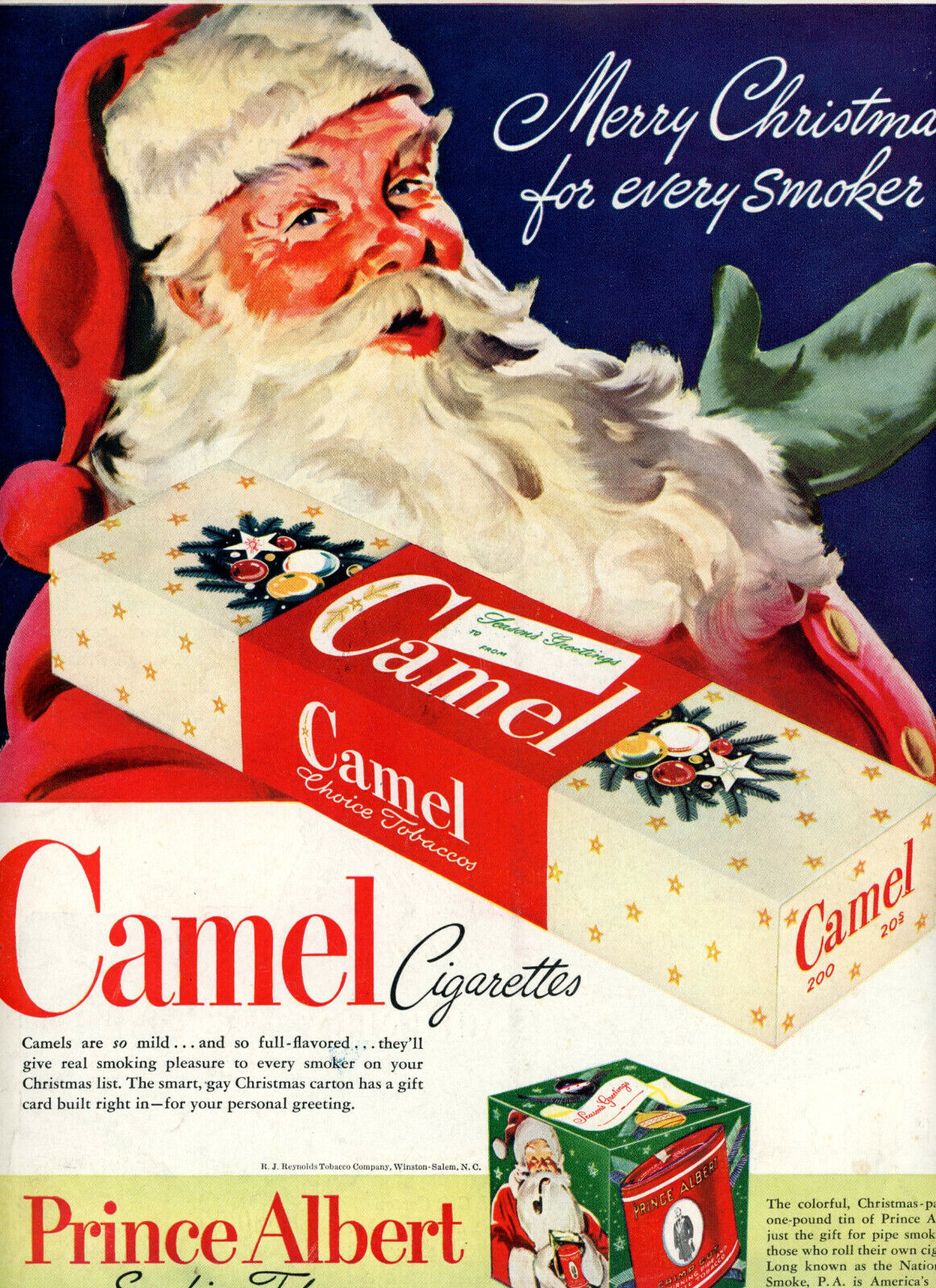 1948 Original Vintage Smiling Santa Claus Ad. Camel Cigarettes. Large Color Page