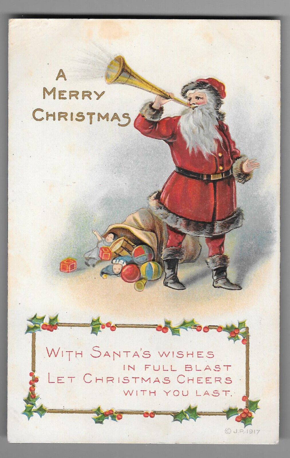 J.P. 1917 Merry Christmas Santa Blowing Horn Embossed Postcard  Not Posted