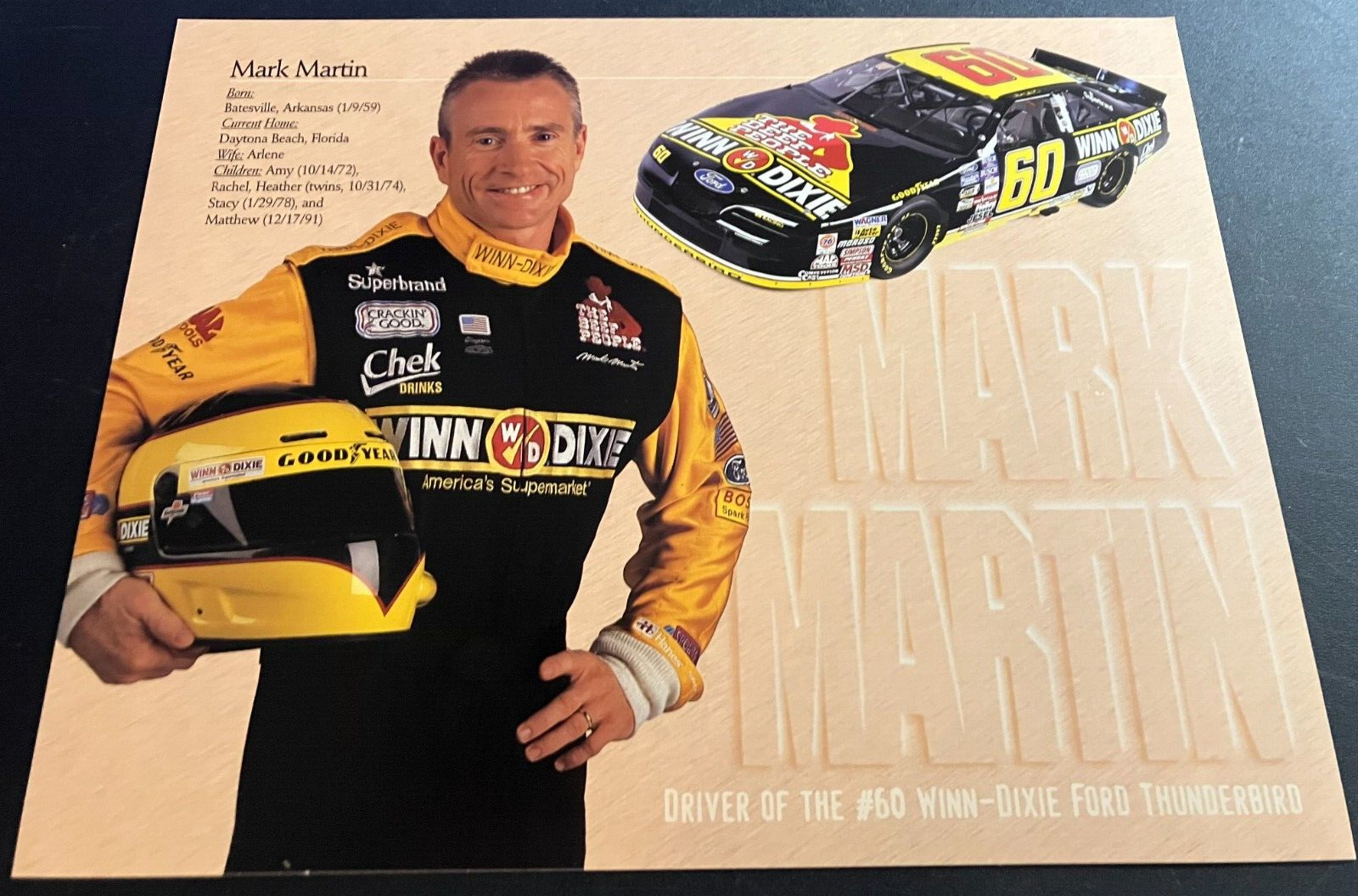 1997 Mark Martin #60 Winn-Dixie Ford Thunderbird - NASCAR Hero Card Handout