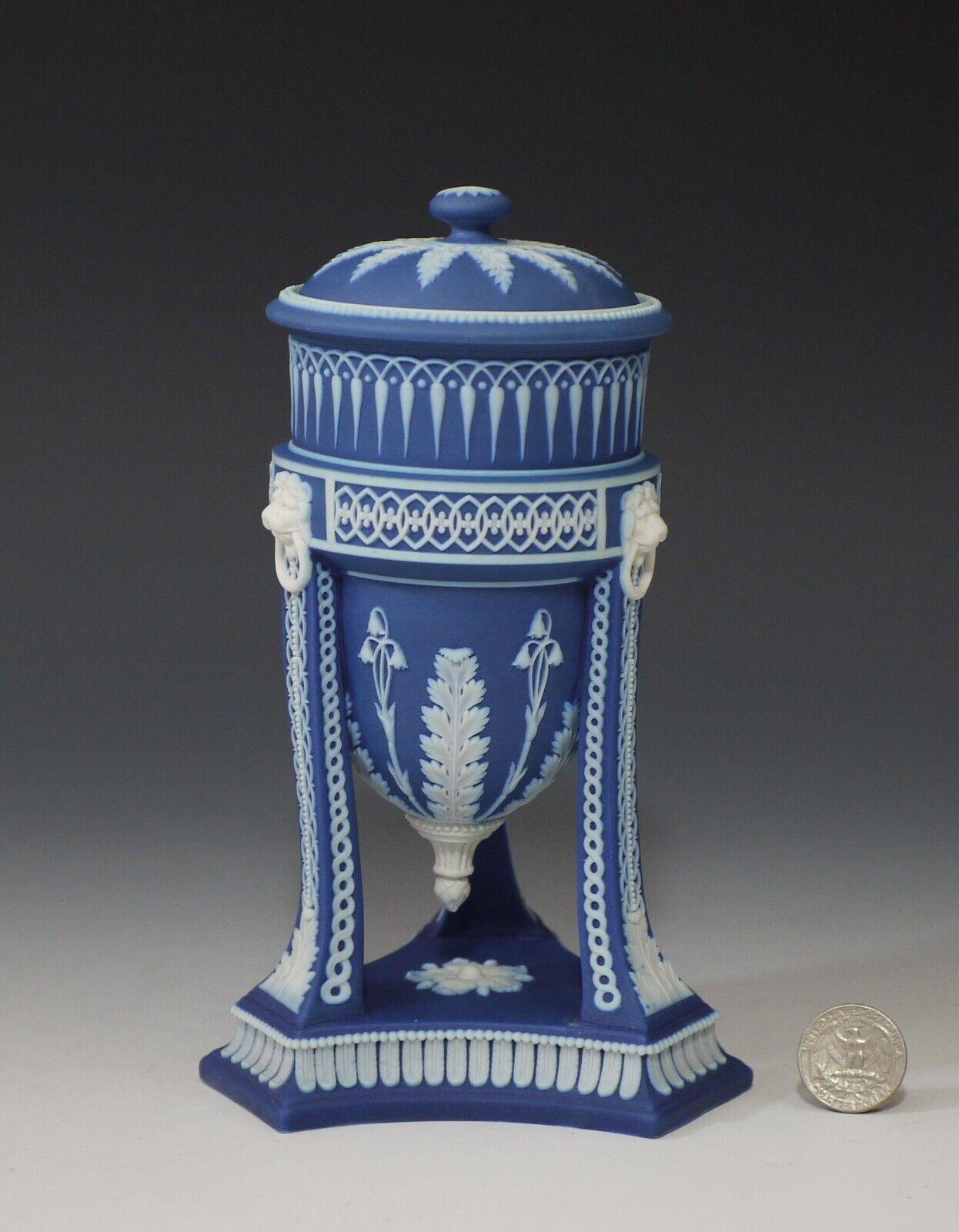 Antique Wedgwood Cobalt Blue colored Jasperware Tripod Vase and Cover
