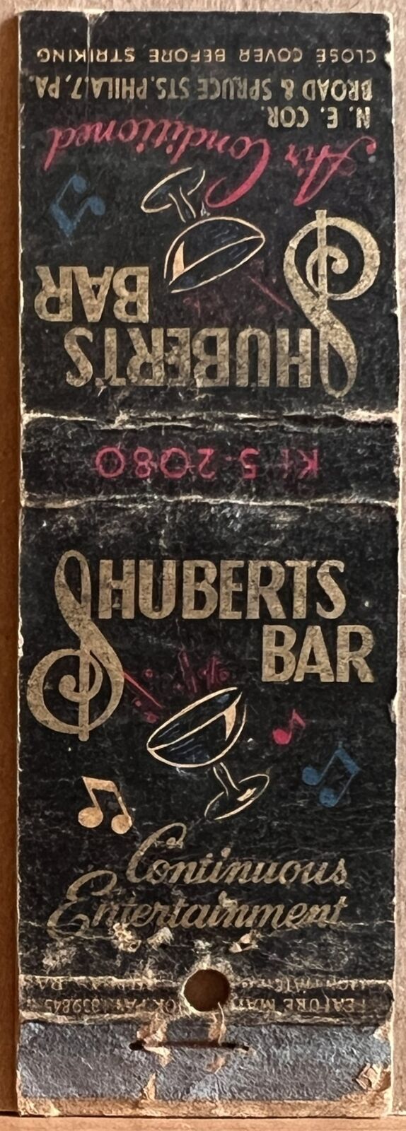 Shubert\'s Bar Philadelphia PA Pennsylvania Vintage Matchbook Cover