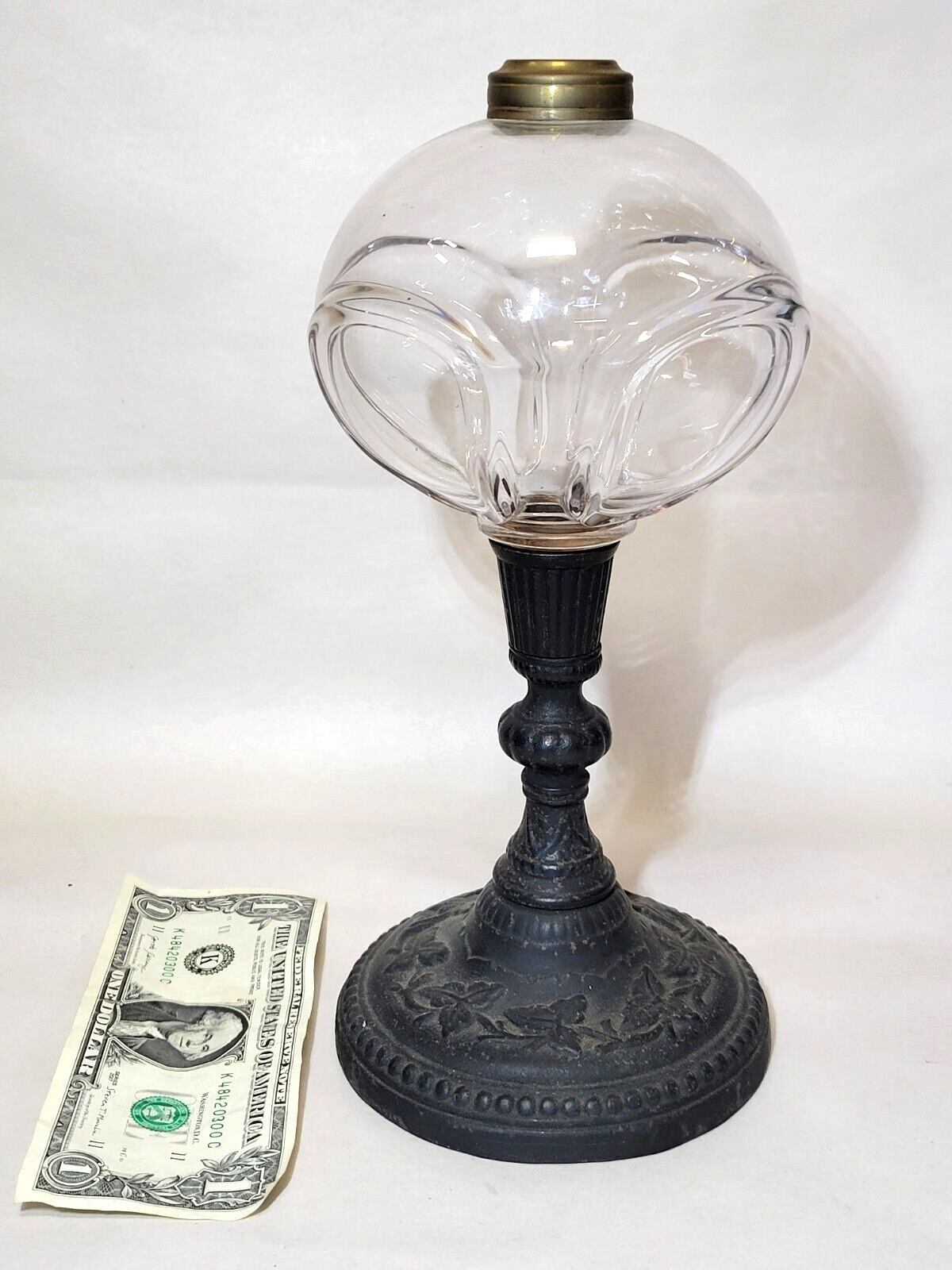 Hobbs QUAD LOOP on Cast Iron Stem Glass OIL LAMP Antique c1870s Victorian