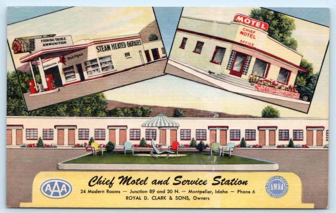 MONTPELIER, Idaho ID ~ Roadside CHIEF MOTEL & GAS STATION c1940s Linen Postcard