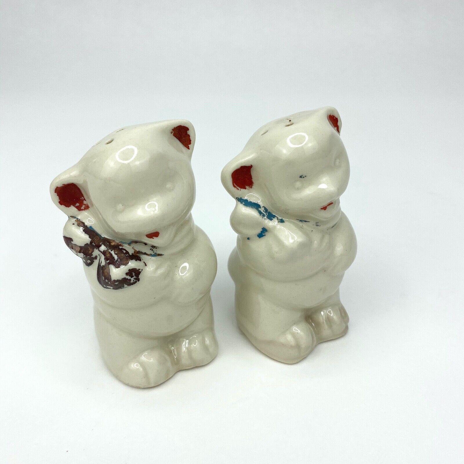 Vintage American Bisque Salt Pepper Shakers White Bears with Bow Farmhouse