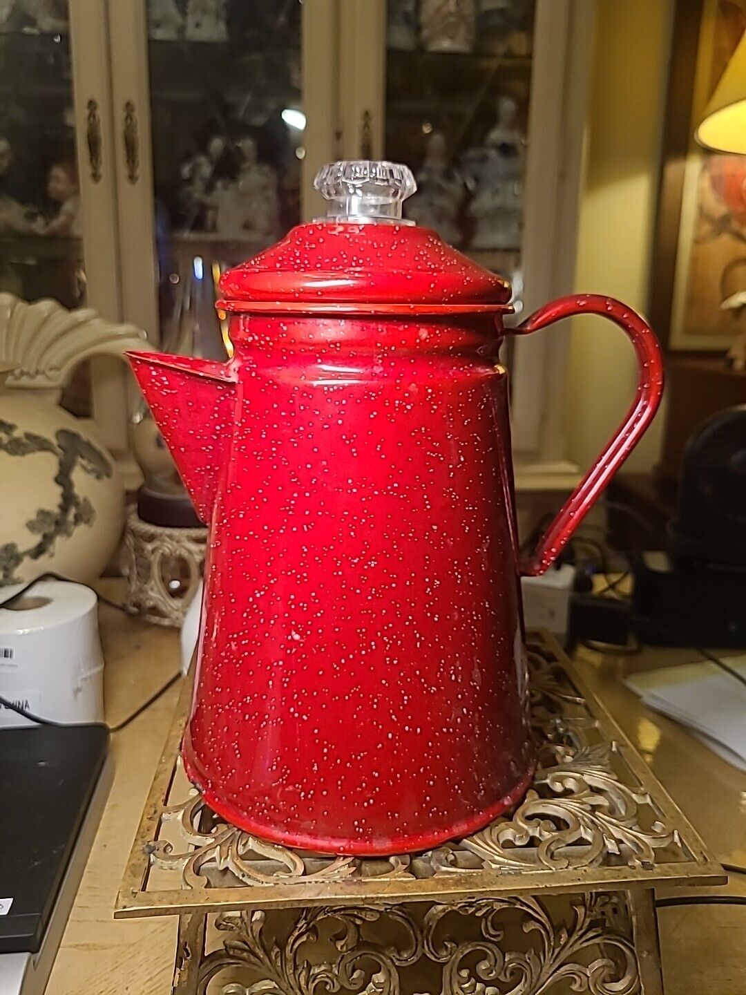 Vintage Red White Speckled Graniteware Enamelware Coffee Pot Percolator