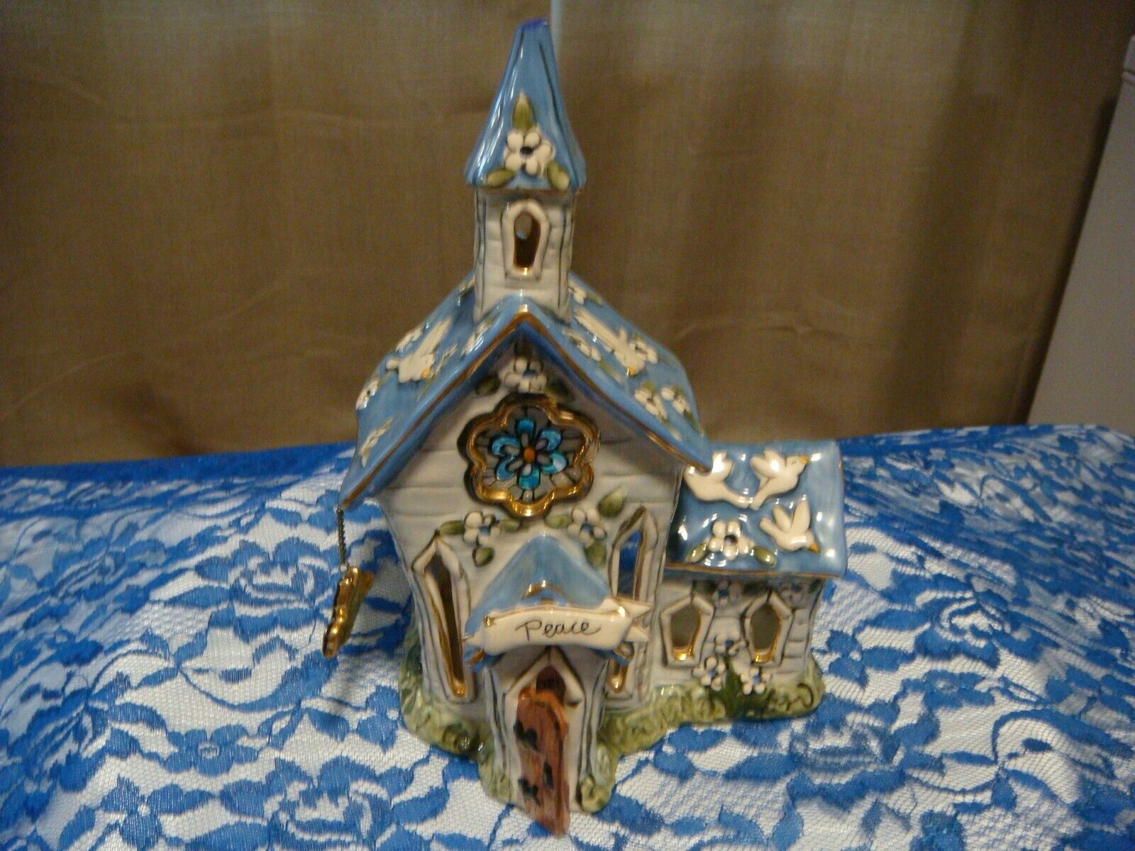 BLUE SKY CHURCH tealight holder VTG CLAYWORKS PEACE 2004 whimsy