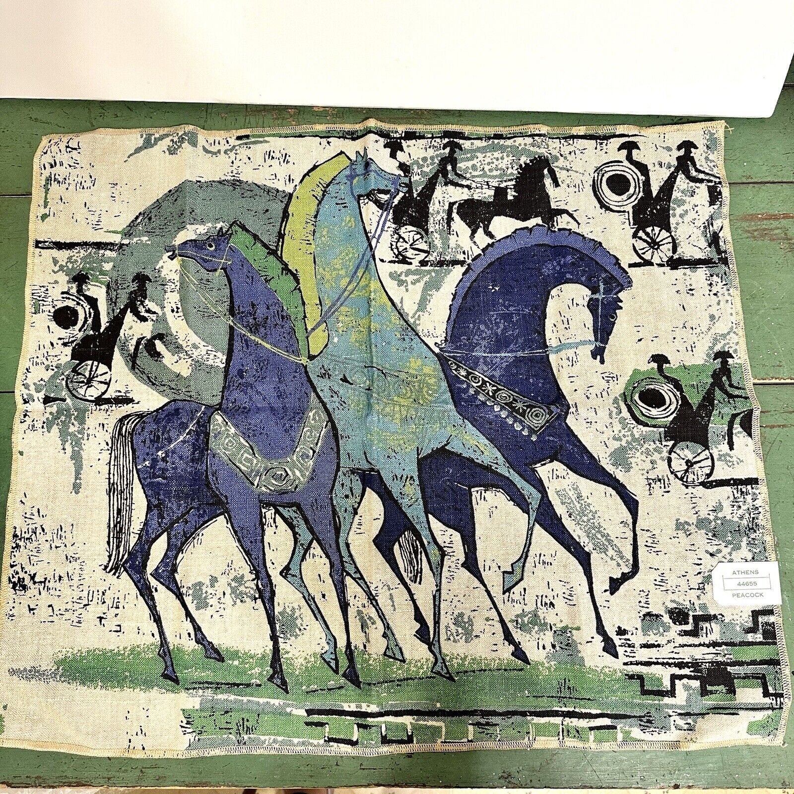 NOS MCM Tibor Reich Fabric Etruscan Horses Linen Barkcloth Blue Green 21x25