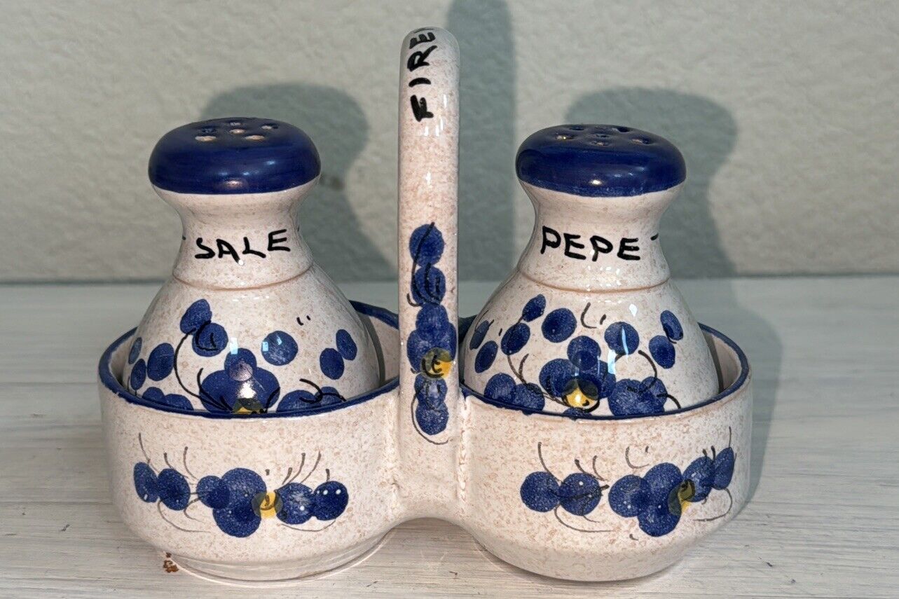 Vtg Italian Blue Firenze Artist Painted Salt & Pepper Shakers in Holder Italy