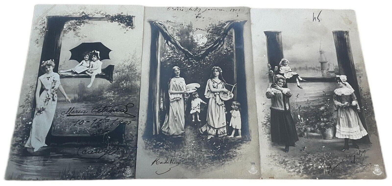 Set 3 postcards alphabet letter E&H&M fantasy ladies children photo montage 1905